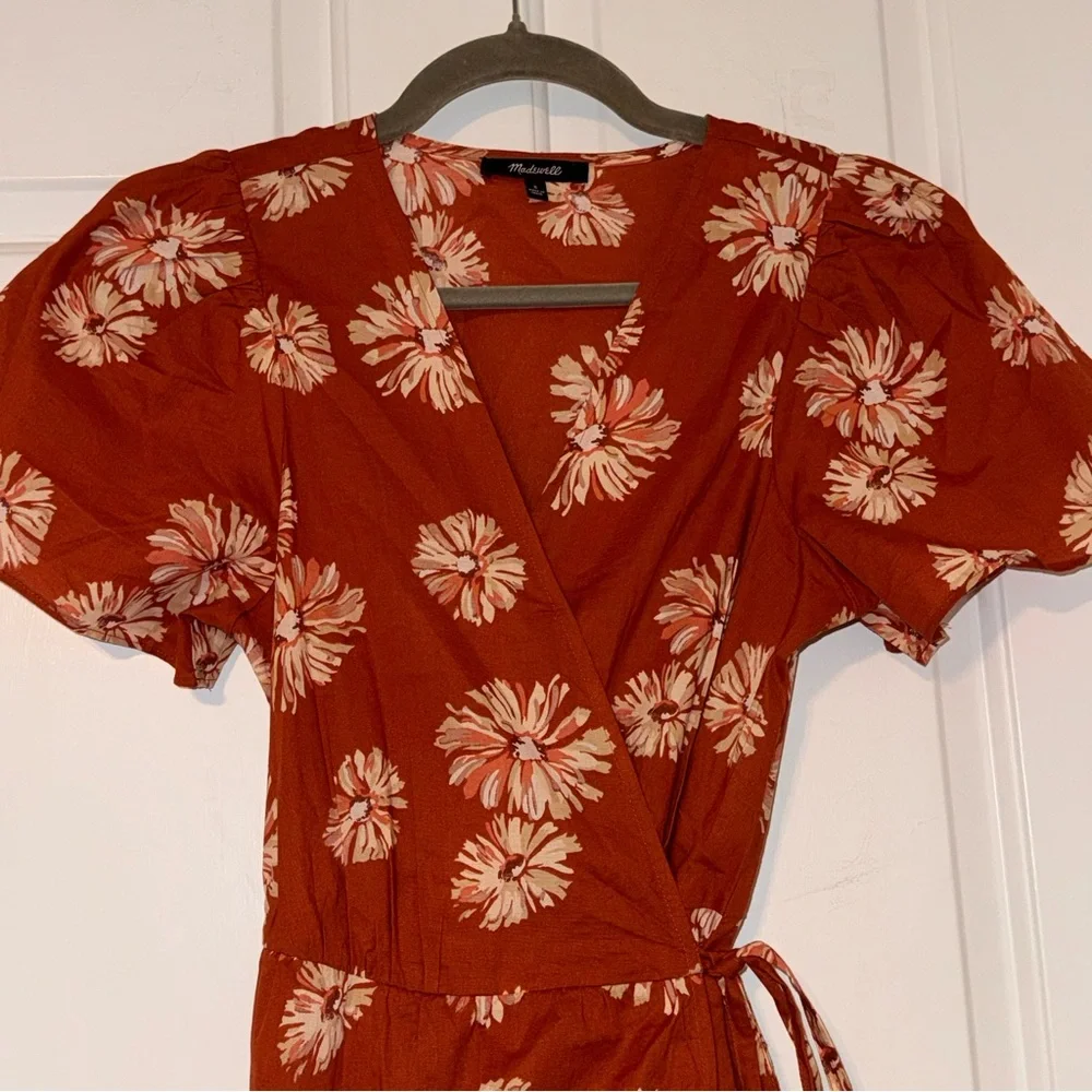 Madewell Floral Print Wrap Cotton V-Neck Mini Dress Rusty Torch dark orange S - Picture 6 of 16